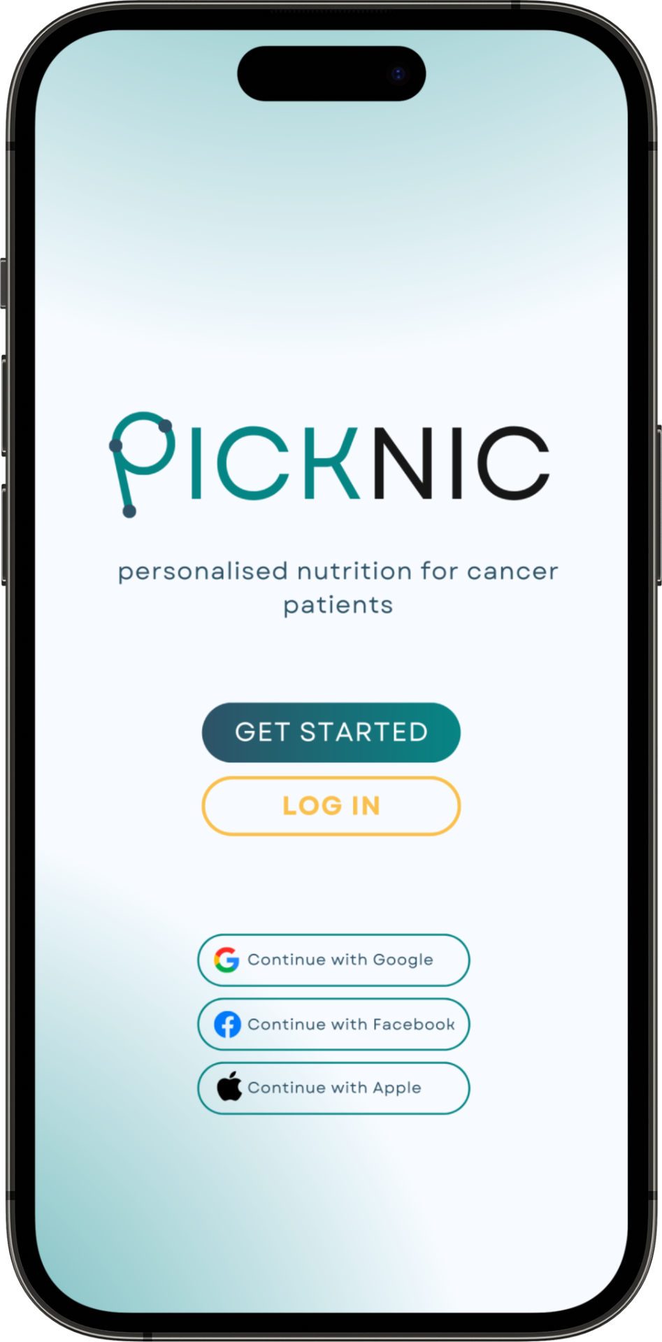 Picknic mobile app login screen